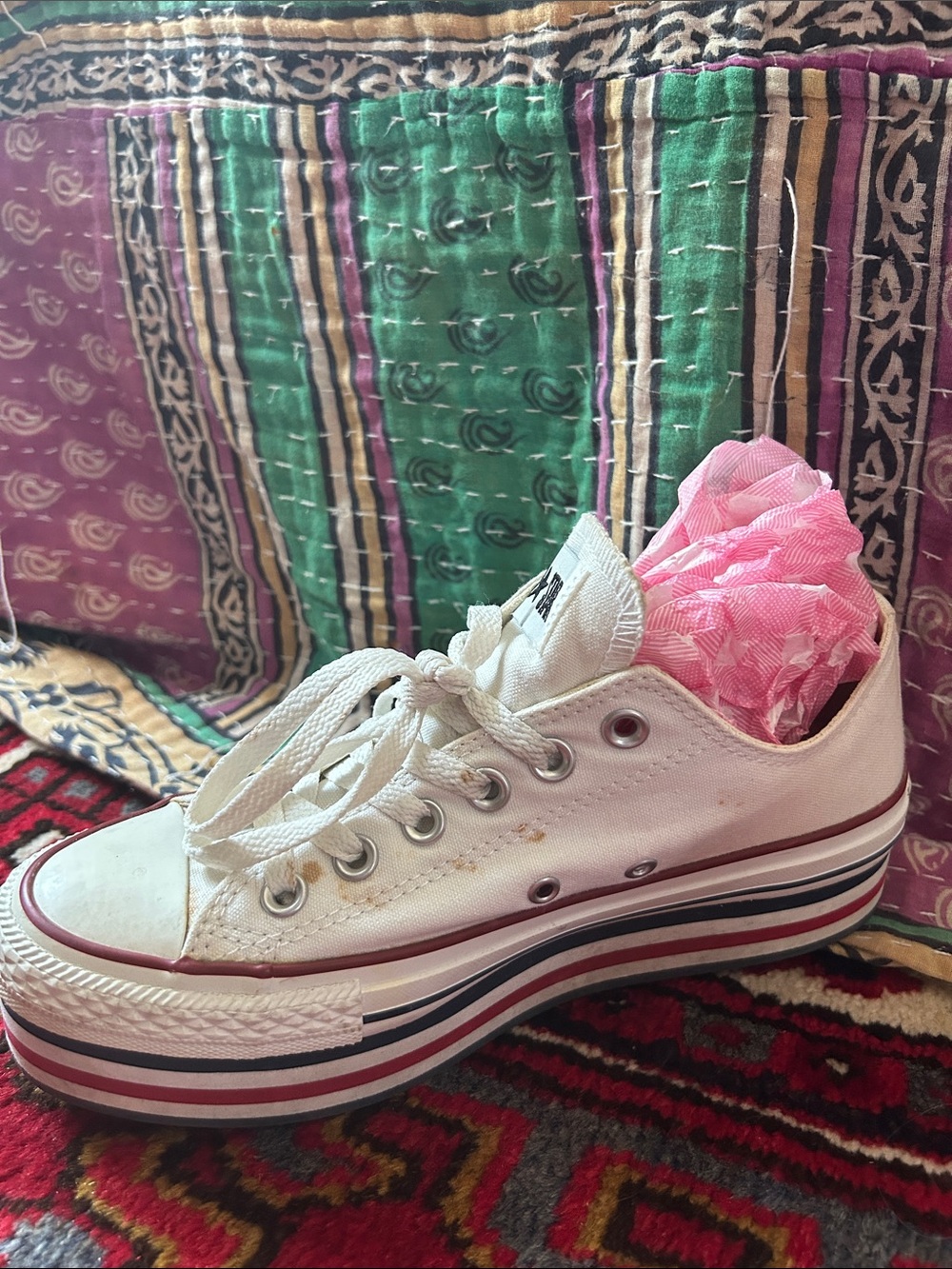 Converse White Low-Top Platform Sneakers with Red and Navy Stripe - Picture 3 of 5
